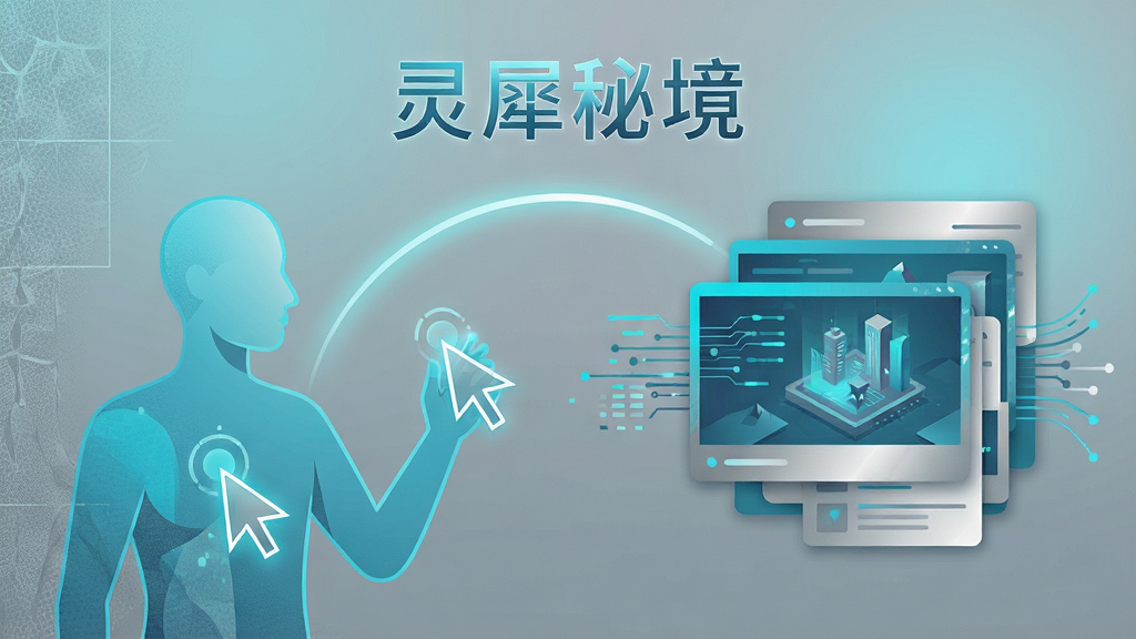 一张横向构图的科技感插画,左侧为抽象的人形轮廓与交互光标,右侧为多层叠加的场景卡片与数据流线条,中间以发光弧线连接,画面顶部居中写有“灵犀秘境”四个字,整体风格为扁平化科技插画,色调以青蓝、银灰为主,细节包括细密的网格纹理与柔和渐变的背景光,画质干净清晰,排版疏密有致