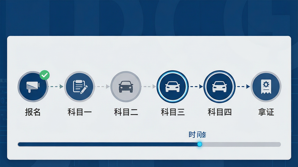 画面主体为一块横向展开的流程时间轴面板,从左至右依次排列“报名”“科目一”“科目二”“科目三”“科目四”“拿证”六个节点,每个节点配圆形图标与简短文字标签;布局为横向铺满画面,节点之间用虚线连接;排版规整,节点大小一致;风格为商务信息图表风,配色以深蓝与浅灰为主;细节包括已完成节点打勾标记、当前节点高亮描边、时间轴底部有进度条;画质清晰,画面干净,无多余元素。