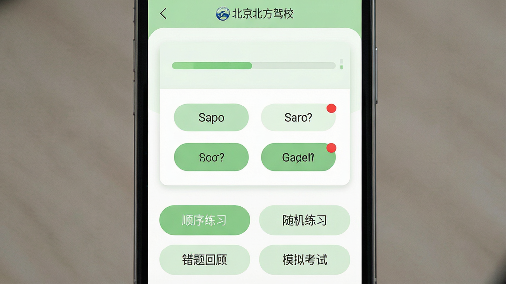 画面主体为手机屏幕内的理论练习界面,上方显示“北京北方驾校”小字标识,中部为一道选择题卡片,下方排列“顺序练习”“随机练习”“错题回顾”“模拟考试”四个功能按钮;布局为上下结构,卡片居中;风格为清新学习类应用界面风,配色以浅绿与白色为主;细节包括答题卡进度条、选项圆角按钮、错题标记红点;画质高清,画面干净,无多余元素。