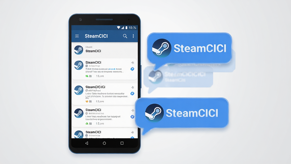 画面主体为一部安卓手机与悬浮的社区聊天气泡组合,手机屏幕显示 SteamCICI 社区讨论列表界面,气泡中带有“SteamCICI”文字标识。布局为手机居左、气泡环绕右侧的均衡构图,背景为浅灰渐变。风格为清爽扁平插画风,细节上气泡边缘柔和、图标线条简洁、整体色调以蓝白为主。画质高清,画面干净,无多余元素。