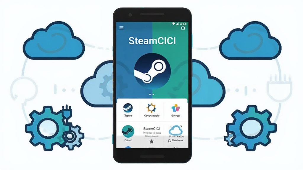 画面主体为一部安卓手机与数据同步图标组合,手机屏幕显示 SteamCICI 个人中心界面,顶部带“SteamCICI”字样,周围环绕云朵与齿轮图标象征数据管理。布局为手机居中、图标对称分布。风格为简约科技插画风,细节上图标采用线性描边、配色以蓝绿为主。画质高清,画面干净,无多余元素。
