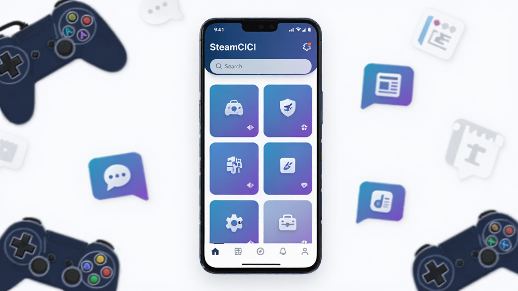 画面主体是一部竖屏安卓手机,屏幕中展示 SteamCICI 软件首页界面,顶部为软件名称“SteamCICI”与搜索栏,中部为功能卡片网格布局,底部为导航栏。布局采用居中构图,手机悬浮于浅色背景之上,四周点缀若干游戏手柄、聊天气泡与资讯图标作为装饰元素。风格为现代扁平化UI展示风格,细节上手机边框圆润、屏幕内容清晰、图标配色统一为蓝紫渐变。画质高清,画面干净,无多余元素。