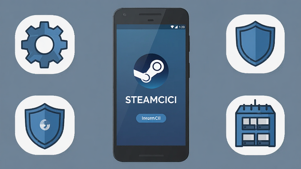 画面主体为一部安卓手机与安装步骤示意元素组合,手机屏幕显示 SteamCICI 安装完成界面,周围分布齿轮、盾牌与存储空间图标。布局为手机居中、图标环绕。风格为简洁教程插画风,细节上图标线条清晰、配色以蓝灰为主、整体层次分明。画质高清,画面干净,无多余元素。