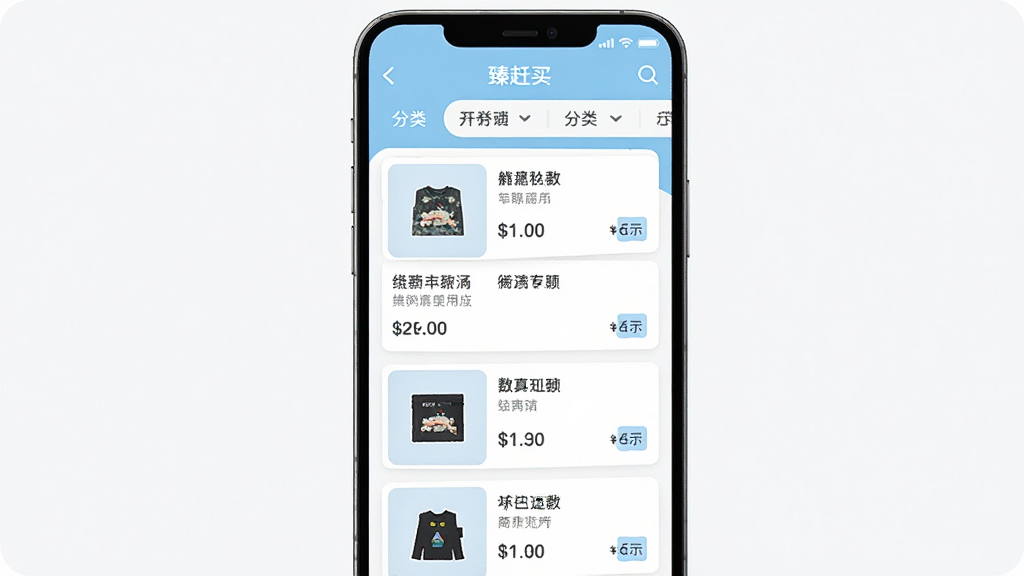 ����Ӧ����Ʒ�ۺ�ҳ��ʾ��ͼ����������Ϊ�����ֻ����棬��Ļ��չʾ������Ʒ��Ƭ�б���ÿ�ſ�Ƭ������ͼ����Ʒ����������۸��ǩ�������з���ɸѡ����������ɫ��ǳ�����ɫΪ������ƽ��Ʒ�񣬲������룬���ʸɾ�������������Ԫ�أ���Ļ�Ϸ����֡������