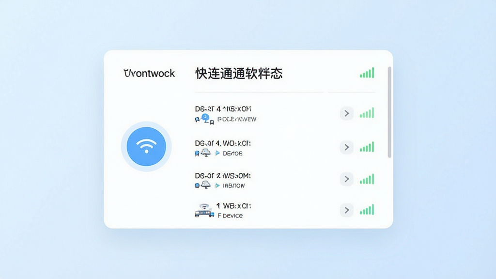 一张展示快连通软件主界面的图片,画面中央是简洁的连接状态面板,显示已连接的网络节点与设备列表,背景为淡蓝色渐变,风格清爽现代,细节包括圆形连接按钮与信号强度图标,画质清晰干净,无多余装饰元素