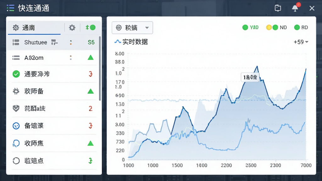 一张展示快连通连接监控面板的图片,画面中包含折线图与状态指示灯,布局为左右分栏,左侧为设备列表,右侧为实时数据图表,风格简洁商务,细节包括绿色正常状态标识与蓝色数据曲线,画质清晰,界面干净