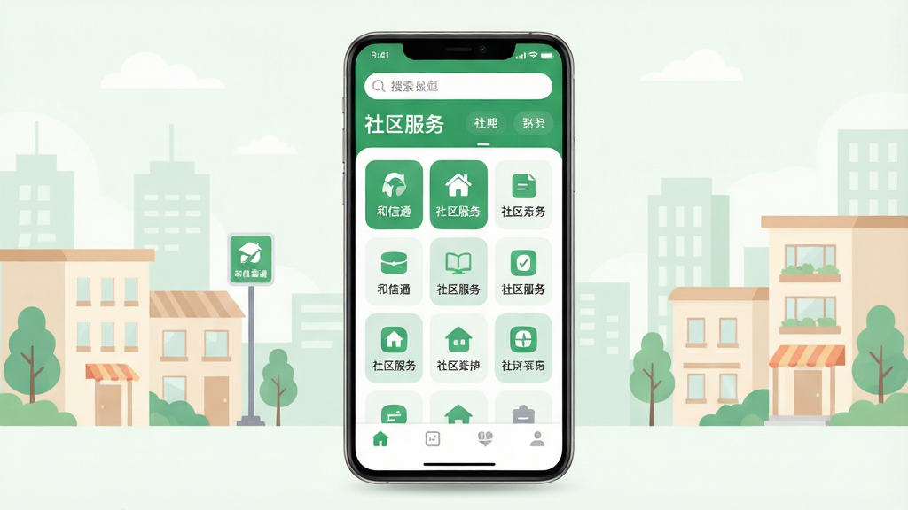 主体为一部竖屏安卓手机,屏幕中展示社区生活服务类应用首页界面,顶部有搜索框和社区名称,中部为功能图标网格,底部为导航栏;布局居中对称,手机置于画面中央,背景为浅色城市社区插画;排版简洁清晰,图标与文字对齐规整;风格为现代扁平化UI展示风格;细节包含柔和阴影、圆角卡片、绿色与白色主色调,界面中文字标注