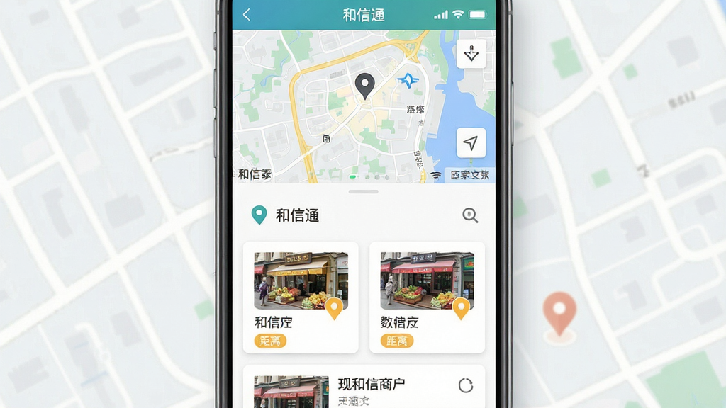 主体为一部手机屏幕特写,显示社区周边商户列表与地图标记;布局为上方地图区域、下方商户卡片列表;排版整齐,卡片间距均匀;风格为清爽扁平化设计;细节包含定位图标、商户缩略图、距离标签,界面文字标注