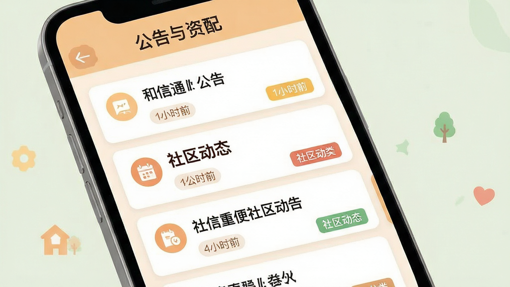 主体为手机界面展示社区公告与便民资讯列表;布局为顶部标题栏、中部资讯卡片纵向排列;排版疏密有致,重点信息加粗;风格为温馨浅色系扁平风格;细节包含公告图标、时间标签、分类色块,界面中文字标注