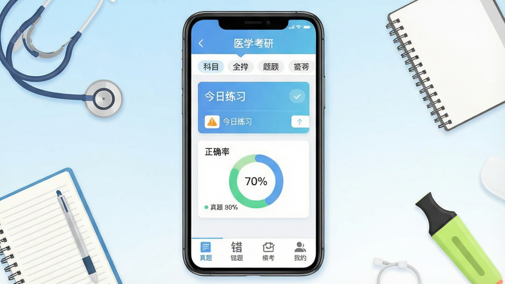 一张展示医学考研软件主界面的手机屏幕渲染图,画面中央为竖屏手机,屏幕内呈现题库首页布局,顶部显示“医学考研”字样与科目分类标签,中部为今日练习卡片与正确率环形图,底部为真题、错题、模考、我的四个导航图标,背景为浅蓝到白色的柔和渐变,周围点缀听诊器、笔记本、荧光笔等学习元素,风格清新扁平化,细节清晰,画质干净,无多余元素