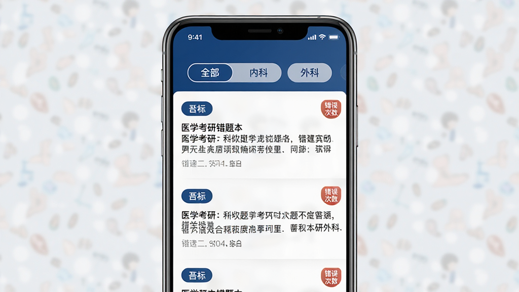 一张展示医学考研错题本功能界面的手机截图风格渲染图,画面为竖屏手机屏幕,屏幕内显示错题列表,每条记录包含科目标签、题干摘要与错误次数角标,顶部有“全部”“内科”“外科”筛选按钮,配色为白色背景配深蓝标题栏,风格简洁实用,细节清晰,画质干净,无多余元素