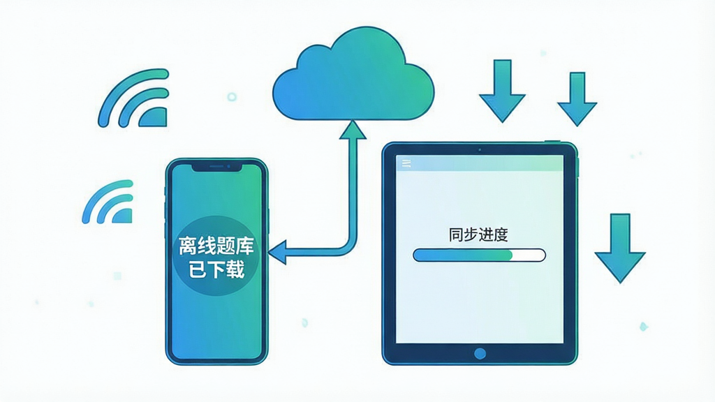 一张表现医学考研离线刷题与云端同步概念的插画,画面中央为一部手机与一台平板电脑通过云朵图标相连,手机屏幕显示“离线题库已下载”提示,平板屏幕显示同步进度条,周围有信号格与下载箭头元素,风格清爽科技感,配色以蓝绿为主,细节明确,画质干净,无多余元素