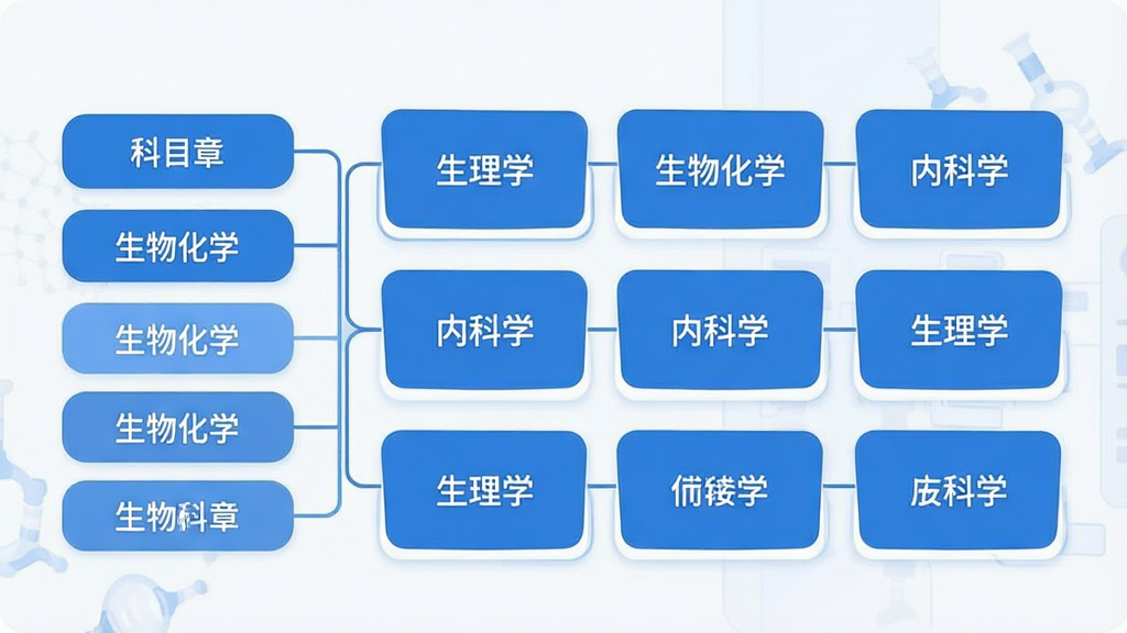 一张表现医学考研题库分类层级的示意图,画面左侧为竖排科目目录列表,右侧为展开的章节卡片网格,卡片上标注“生理学”“生物化学”“内科学”等文字,整体采用蓝白配色与圆角卡片设计,背景简洁,风格现代扁平,细节清楚,画质干净,无多余元素