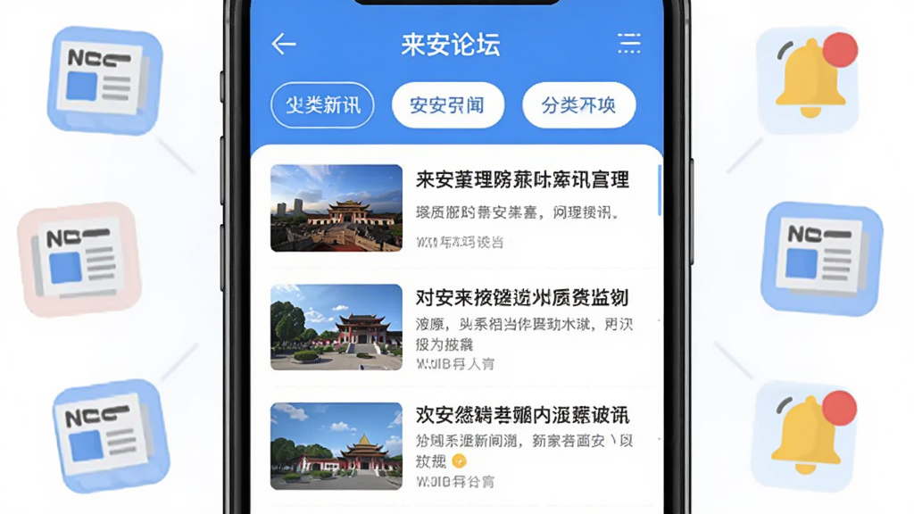 来安论坛应用内资讯页面展示,手机屏幕上是来安本地新闻列表,每条新闻配有缩略图和标题,顶部有分类筛选标签,界面干净整洁,蓝白配色,周围环绕着新闻图标和通知铃铛元素,风格扁平化设计,画质清晰,干净,无多余元素