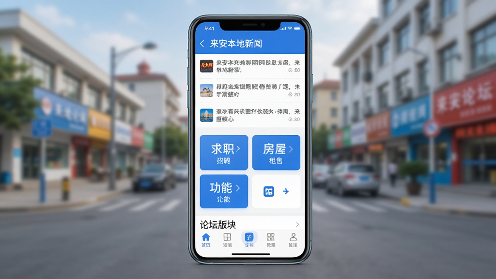 手机屏幕中央展示来安论坛应用界面,顶部是来安本地新闻资讯列表,中间是求职招聘和房屋租售功能卡片,底部是论坛版块导航栏,整体布局清晰,风格简洁现代,蓝白色调为主,背景是来安城市街景虚化,画质清晰,干净,无多余元素