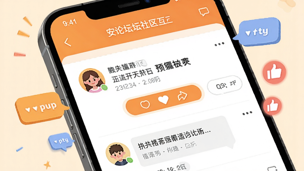 来安论坛社区互动页面,手机屏幕上显示用户发帖和评论界面,有帖子标题、用户头像和互动按钮,旁边有聊天气泡和点赞图标点缀,整体风格活泼友好,暖色调,画质清晰,干净,无多余元素