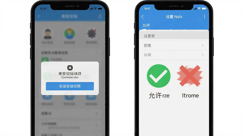 来安论坛移动端操作示意图,手机屏幕展示安装权限弹窗和设置界面,旁边有对勾和叉号图标表示允许与拒绝,风格简洁说明性,画质清晰,干净,无多余元素