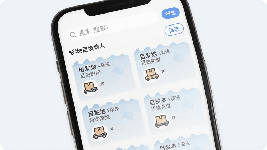 手机屏幕展示成丰经纪人货源列表页面,页面中包含多条货源卡片,每条卡片上有出发地目的地文字与货物类型图标,背景为简洁的浅色界面,风格为扁平化UI设计,细节包含顶部搜索栏与筛选按钮,画质清晰干净,无多余元素