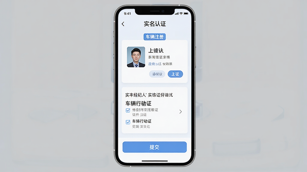 成丰经纪人实名认证页面示意图,手机屏幕显示身份证上传区域与车辆行驶证上传区域,页面中有“实名认证”“车辆注册”文字标签,布局为上下分区排版,风格为清爽浅色UI,细节包含勾选协议与提交按钮,画质清晰干净,无多余元素