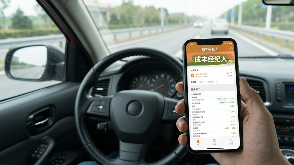 成丰经纪人手机端操作场景图,画面中司机坐在驾驶室内用手机查看货源信息,手机屏幕显示成丰经纪人界面,布局为人物与手机特写结合,风格为写实生活摄影,细节包含方向盘、车窗外的道路背景与手机上的“成丰经纪人”文字,画质清晰干净,无多余元素