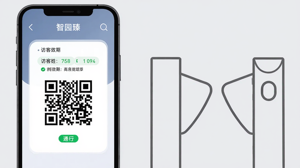 一部手机屏幕显示「智园臻」通行码界面,二维码居中,上方标注访客姓名与有效期,手机旁放置园区闸机轮廓;布局为手机与闸机左右呼应;风格为简洁商务扁平风,浅灰背景;细节包含绿色通行状态标识、圆角信息卡片;画质清晰,画面干净,无多余元素
