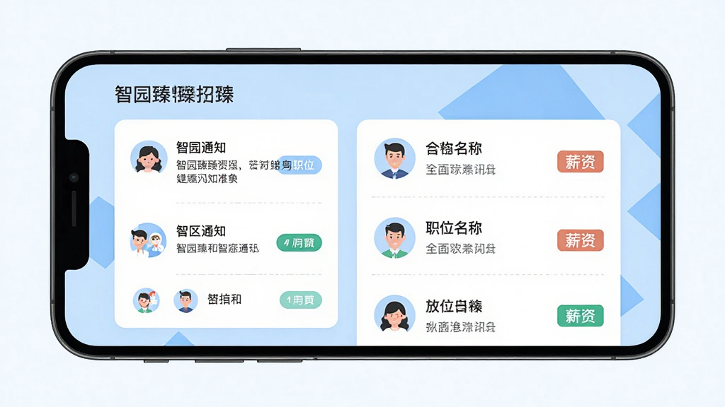 手机屏幕展示「智园臻」资讯与招聘列表页,左侧为园区通知卡片,右侧为岗位招聘条目,包含职位名称与薪资标签;布局为手机居中,背景为浅蓝色几何色块;风格为清新扁平插画;细节包含圆形头像、标签式按钮、分割线;画质高清,画面干净,无多余元素