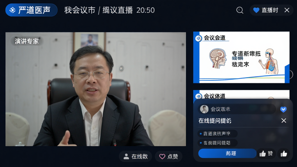 画面为“严道医声”会议直播界面,左侧为演讲专家视频窗口,右侧滚动显示PPT课件与在线提问区,屏幕上方标注会议名称与直播时间,整体采用深色背景搭配蓝色高亮按钮,风格专业严谨,布局左右分栏清晰,细节包含在线人数与点赞图标,画质清晰,干净无杂乱元素
