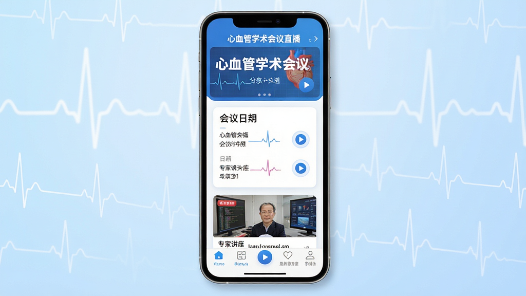 手机屏幕中央展示“严道医声”应用界面,顶部为心血管学术会议直播横幅,中部排列会议日程卡片与专家讲座缩略图,底部导航栏清晰可见,背景为干净的浅蓝色渐变,整体布局简洁有序,风格现代医疗科技感,细节包含心电波形装饰元素与播放按钮图标,画质高清,干净无多余元素
