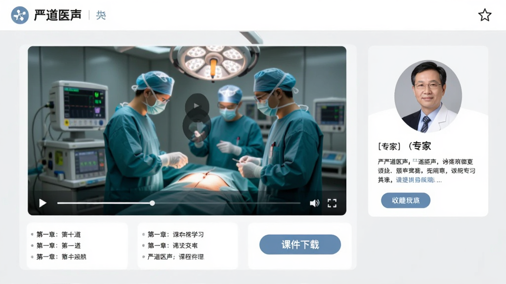 画面展示“严道医声”课程学习页面,中央为手术演示视频播放窗口,下方排列章节列表与课件下载按钮,右侧显示专家头像与简介卡片,整体采用浅灰与白色搭配的清爽风格,布局层次分明,细节包含进度条与收藏图标,画质高清,干净无多余装饰
