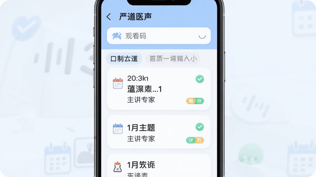 手机界面显示“严道医声”会议日程列表,日期分组清晰,每场会议卡片标注时间、主题与主讲专家,顶部有观看码输入入口,整体采用柔和圆角卡片设计,配色以浅蓝与白色为主,布局纵向排列便于浏览,细节包含日历提醒图标与状态标签,画质清晰,干净整洁