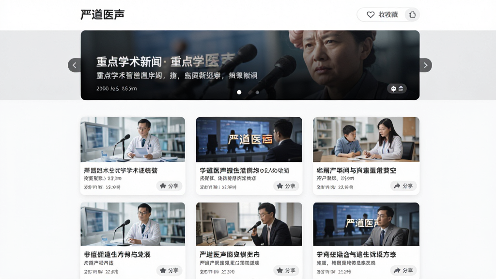 界面展示“严道医声”资讯页面,顶部为轮播图展示重点学术新闻,下方以信息流形式排列图文卡片,每张卡片包含标题、摘要与发布时间,整体采用白色背景搭配深灰文字,风格简约商务,布局清晰易读,细节包含收藏与分享按钮,画质高清,干净无多余元素