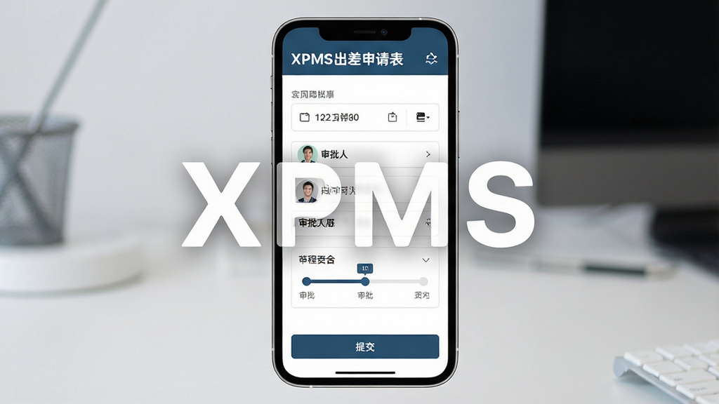 主体为一部手机屏幕,展示XPMS出差申请表单界面,布局为上方标题栏、中部表单字段、下方提交按钮,排版纵向排列清晰,风格为商务简约风,细节包含日期选择器、审批人头像、流程进度条,画面中打文字“XPMS”,画质清晰干净无多余元素