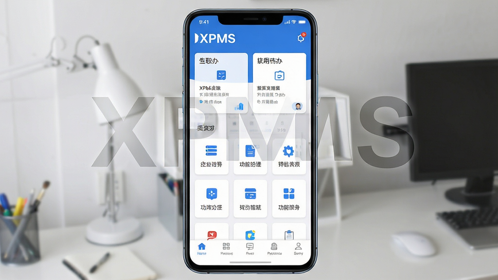主体为一部竖屏安卓手机,屏幕中展示XPMS应用首页界面,布局为顶部企业标识与待办卡片、中部功能入口网格、底部导航栏,排版居中对称,风格为简洁商务扁平化设计,细节包含蓝色主色调、白色卡片、清晰的图标与文字标签,画面中打文字“XPMS”,画质清晰干净无多余元素