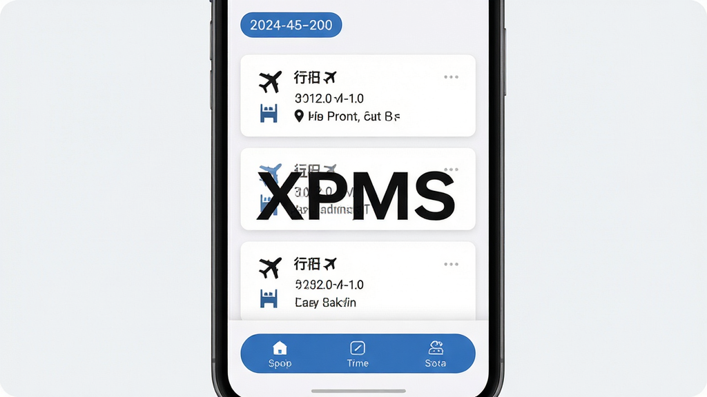 主体为一部手机屏幕,展示XPMS行程信息汇总页面,布局为顶部日期标签、中部行程卡片列表、底部功能按钮,排版为纵向卡片流,风格为清爽商务风,细节包含航班图标、酒店图标、时间地点文字,画面中打文字“XPMS”,画质清晰干净无多余元素