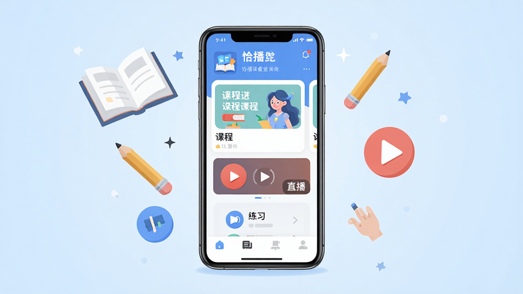 画面中央展示一部智能手机,手机屏幕内呈现“恰播课堂”应用主界面,界面包含课程卡片、直播入口与练习模块,手机两侧漂浮着书本、铅笔、播放按钮等学习元素,背景为浅蓝色渐变,整体采用扁平化插画风格,构图居中对称,细节清晰干净,画质高清,无多余杂乱元素
