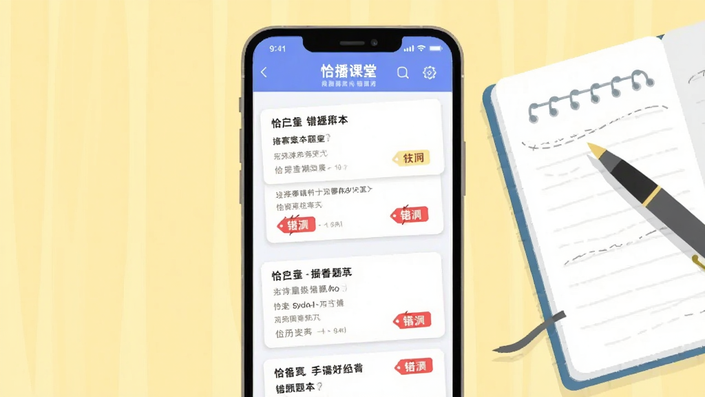 画面中央为一部手机,屏幕显示“恰播课堂”错题本界面,界面中列有多道题目卡片与红色错题标记,手机旁放置一本打开的笔记本与一支笔,背景为淡黄色,风格为扁平化插画,布局以手机为视觉中心,细节包括题目文字线条与错题标签,画质高清干净,无多余元素