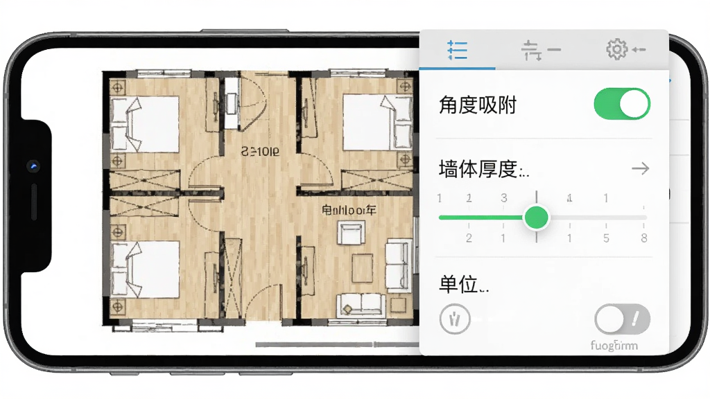 手机屏幕显示装修设计平面图软件的工具设置面板,面板中有角度吸附开关、墙体厚度调节滑块和单位切换选项,布局为面板从屏幕右侧滑出,风格为扁平化设置界面展示,细节包括开关的开启状态和滑块的刻度,画质清晰干净,画面中文字以引号标注为
