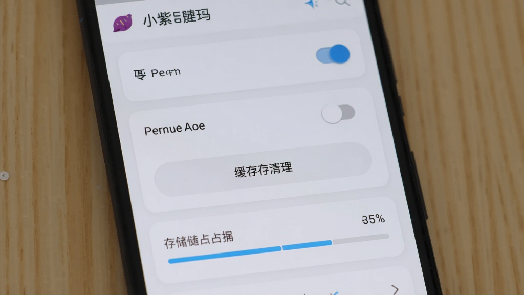 一部安卓手机屏幕显示小紫薯软件的设置页面,布局为纵向排列的选项列表,风格为浅色清新界面搭配圆角卡片式设计,细节包括权限开关、缓存清理按钮和存储占用进度条,画质清晰干净,画面无多余元素