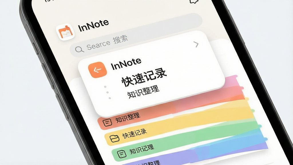 一张手机屏幕展示笔记应用界面,主体为居中悬浮的记事本卡片,布局采用上下分层结构,上方为标题栏与搜索框,下方为彩色笔记列表,排版整齐留白充足,风格为现代扁平化UI设计,细节包含圆角图标、柔和阴影与浅色背景,画面中出现文字“InNote”“快速记录”“知识整理”,画质清晰干净无多余元素