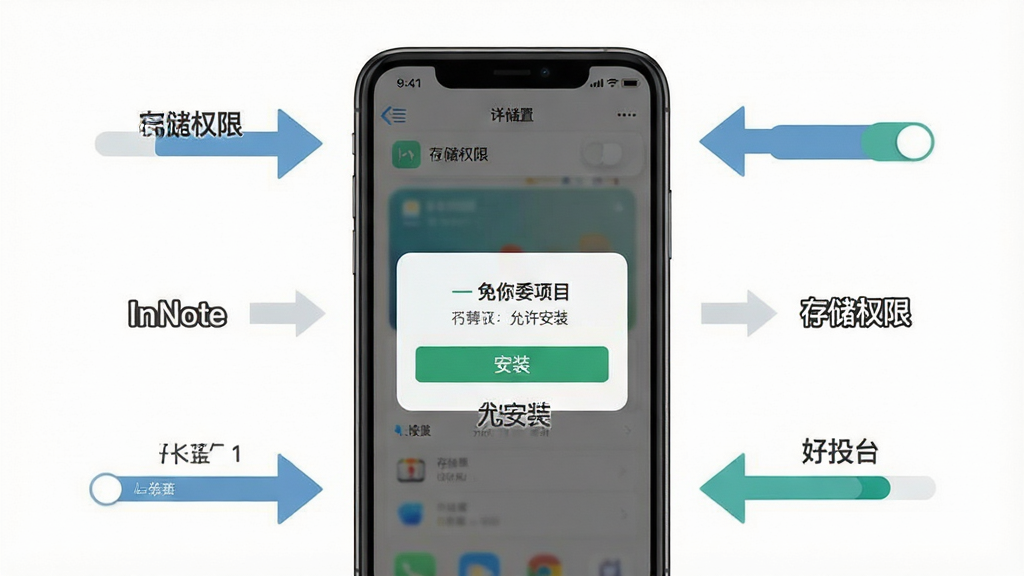 一张手机设置界面与安装流程示意图,主体为手机屏幕展示权限授予弹窗,布局为手机居中、四周环绕步骤箭头,排版清晰直观,风格为扁平化信息图风格,细节包含存储权限开关、安装按钮与进度条,画面中出现文字“InNote”“允许安装”“存储权限”,画质干净清晰无多余元素