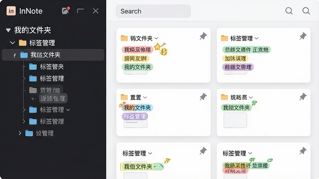 一张笔记分类管理界面,主体为左侧文件夹树状列表与右侧笔记卡片网格,布局为左右分栏结构,排版层次分明,风格为简约商务风应用界面,细节包含彩色标签标记、置顶图钉图标与搜索高亮效果,画面中出现文字“InNote”“我的文件夹”“标签管理”,画质清晰干净无多余元素