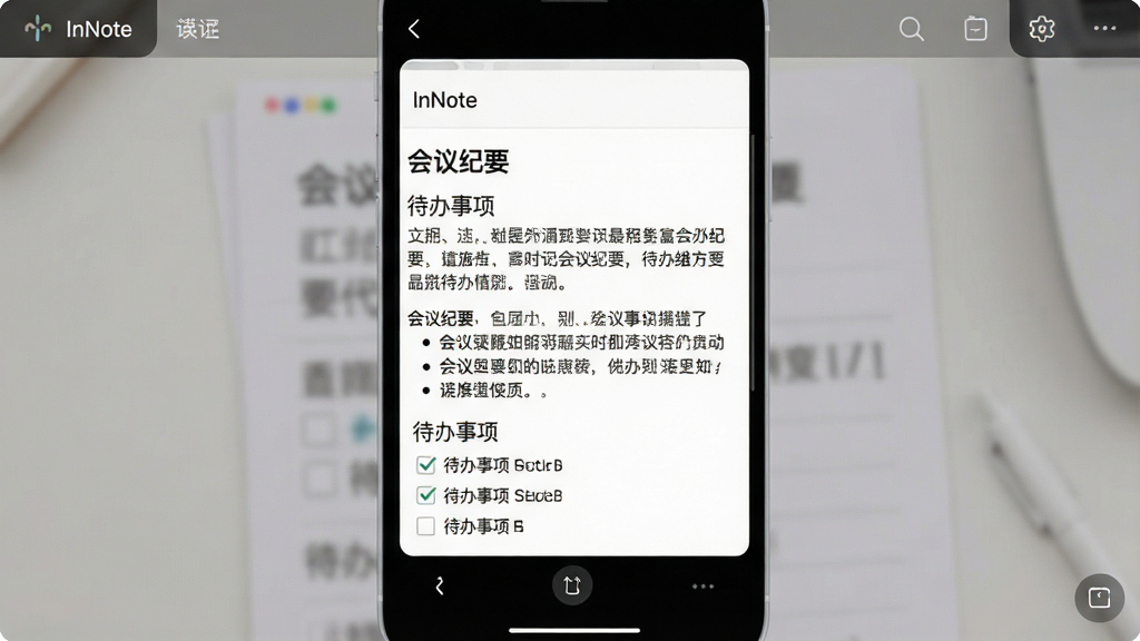 一张富文本笔记编辑界面,主体为居中的笔记内容区域,布局为标题、正文段落与待办清单纵向排列,排版工整有序,风格为素雅极简的移动端界面,细节包含加粗文字、项目符号列表与勾选状态的复选框,画面中出现文字“InNote”“会议纪要”“待办事项”,画质清晰干净无多余元素