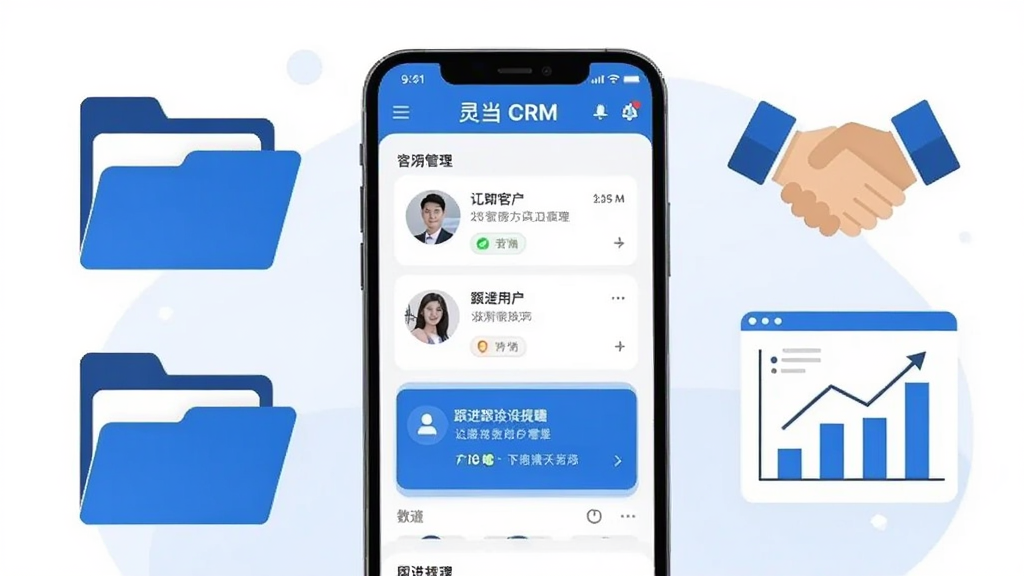 画面中央放置一部智能手机,屏幕显示灵当CRM应用主界面,界面中包含客户列表与跟进提醒卡片,手机周围环绕文件夹、握手图标、数据图表等商务元素,整体采用蓝白配色,布局简洁对称,风格为现代扁平化商务插画,细节上突出移动办公与客户管理主题,画质清晰干净,无多余装饰元素
