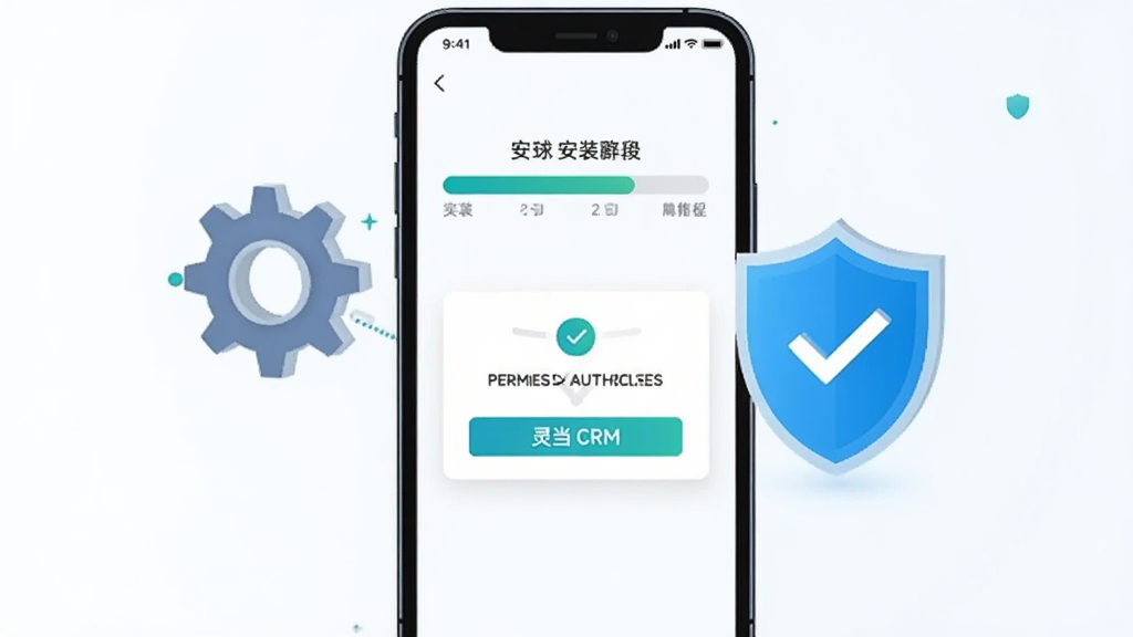 画面中央为一部手机屏幕显示灵当CRM安装进度条与权限授权弹窗,旁边有齿轮图标与盾牌安全标识,背景为浅色渐变,风格为简洁科技插画,细节上突出安装流程与安全提示,画质清晰干净,无多余元素