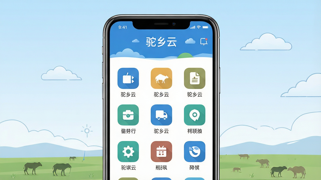 画面主体为一部智能手机,屏幕中央展示“驼乡云”应用首页界面,界面中包含蒙古文标题栏与功能图标网格;布局采用居中构图,手机置于画面正中,背景为淡蓝色渐变;排版上屏幕内元素整齐排列,顶部为软件名称“驼乡云”字样;风格为现代扁平化UI展示风格,色彩清爽;细节上手机边缘带有轻微反光,屏幕内图标清晰可辨,背景点缀少量云朵与草原线条元素;画质高清,画面干净,无多余元素