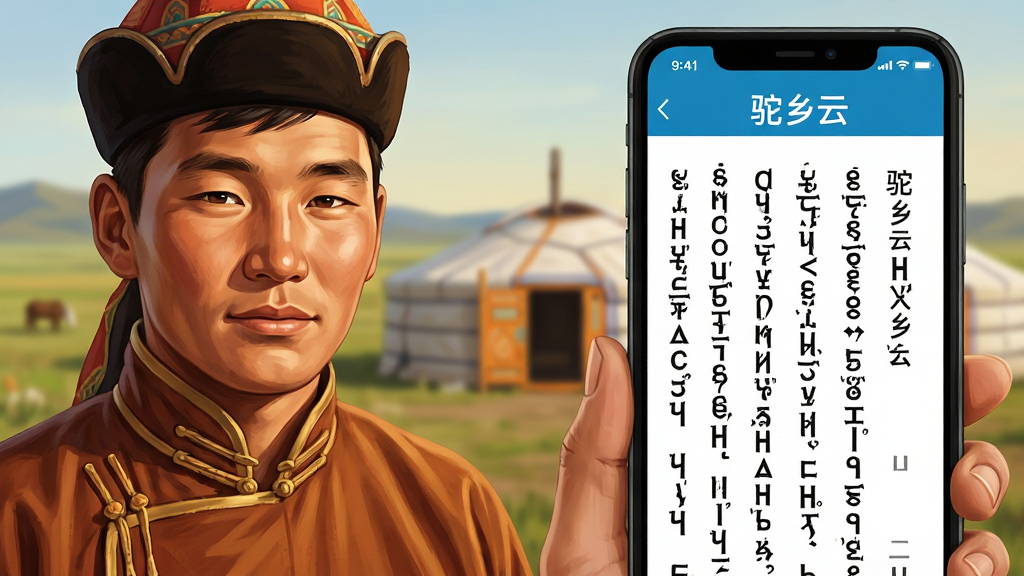 画面主体为一位蒙古族青年手持手机,手机屏幕显示蒙古文阅读界面,文字呈垂直排列;布局为人物居于画面左侧,手机屏幕内容占据右侧视觉重心;排版上人物与屏幕形成对角线呼应;风格为写实插画风格,色调温暖;细节上人物身着蒙古族服饰,背景为草原与蒙古包虚化场景,屏幕内蒙古文字清晰可辨并标注“驼乡云”字样;画质高清,画面干净,无多余元素