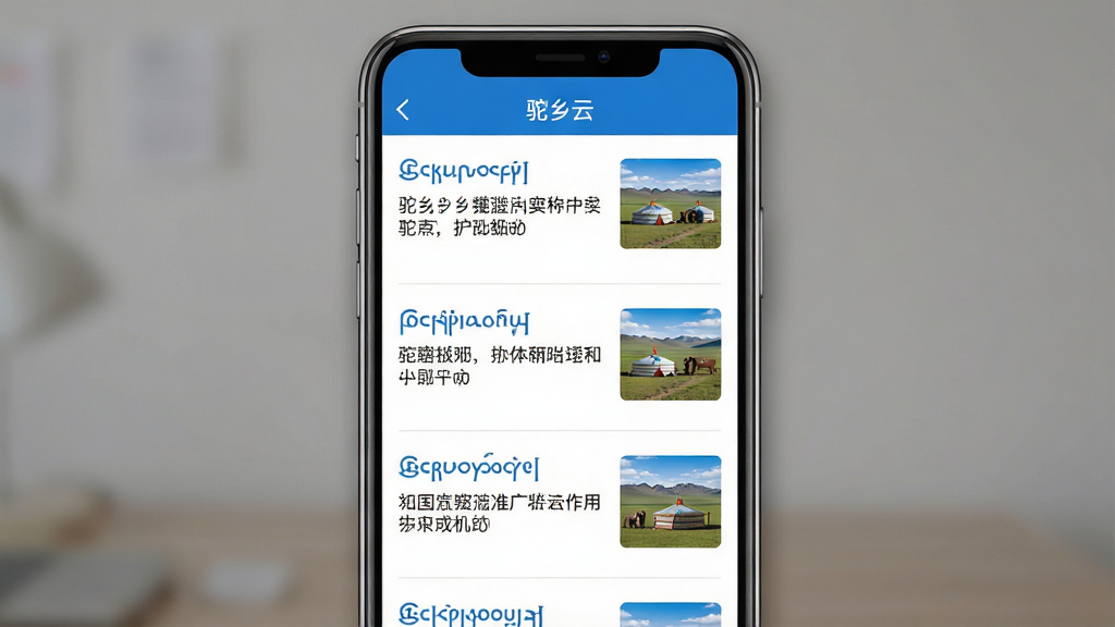 画面主体为手机界面展示资讯列表页,列表项包含标题与缩略图,顶部导航栏显示“驼乡云”名称;布局为手机居中,界面内容自上而下排列;排版上列表整齐对齐,留白适中;风格为简约资讯类UI风格,白色背景搭配蓝色点缀;细节上列表项中可见蒙古文标题与地方风景小图,界面边缘带有轻微阴影;画质高清,画面干净,无多余元素