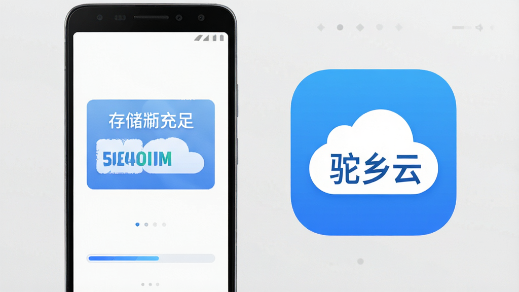 画面主体为一部安卓手机与一个轻量化的应用图标组合,图标上标注“驼乡云”字样;布局为手机与图标并排展示,图标略大于手机屏幕;排版上两者居中对齐,底部有淡淡的进度条元素;风格为简洁科技风,蓝白配色;细节上手机屏幕显示存储空间充足提示,图标带有云朵轮廓;画质高清,画面干净,无多余元素