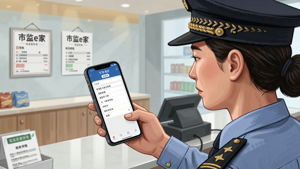 一名身穿制服的监管人员站在店铺柜台前使用手机拍摄营业执照,手机屏幕显示市监e家的检查记录填写页面,画面采用写实插画风格,构图以人物与手机为视觉中心,背景为整洁的商铺内景,光线明亮,细节丰富,画质清晰,无多余元素,手机屏幕上方文字标注“市监e家”
