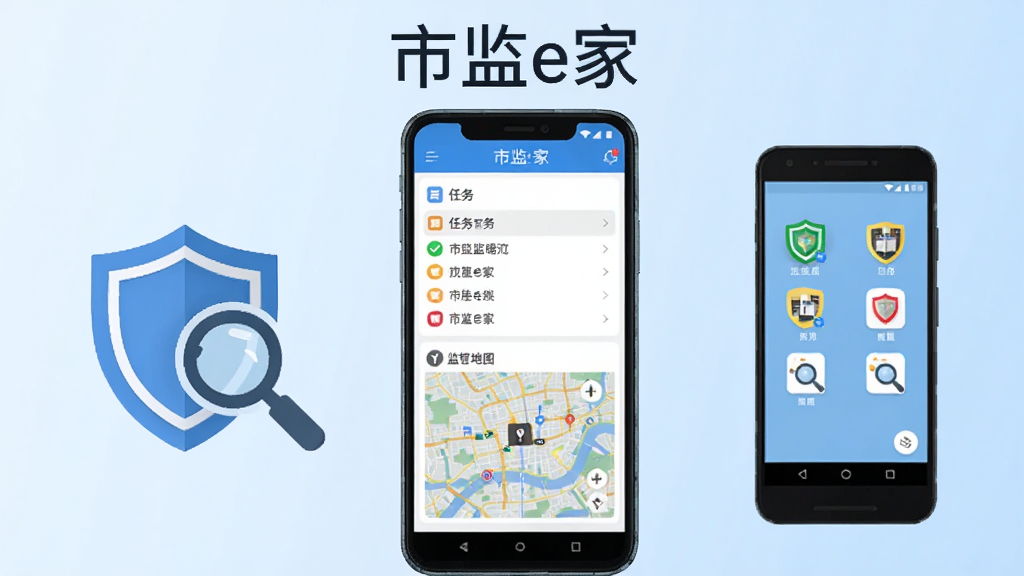 手机屏幕中央展示市监e家应用主界面,界面包含任务列表与监管地图两个模块,背景为浅蓝色渐变,画面左侧放置一个盾牌与放大镜组合的图标象征监管,右侧悬浮一部安卓手机展示应用图标,整体采用扁平化商务风格,细节清晰,画质干净,无多余元素,图片上方文字标注“市监e家”